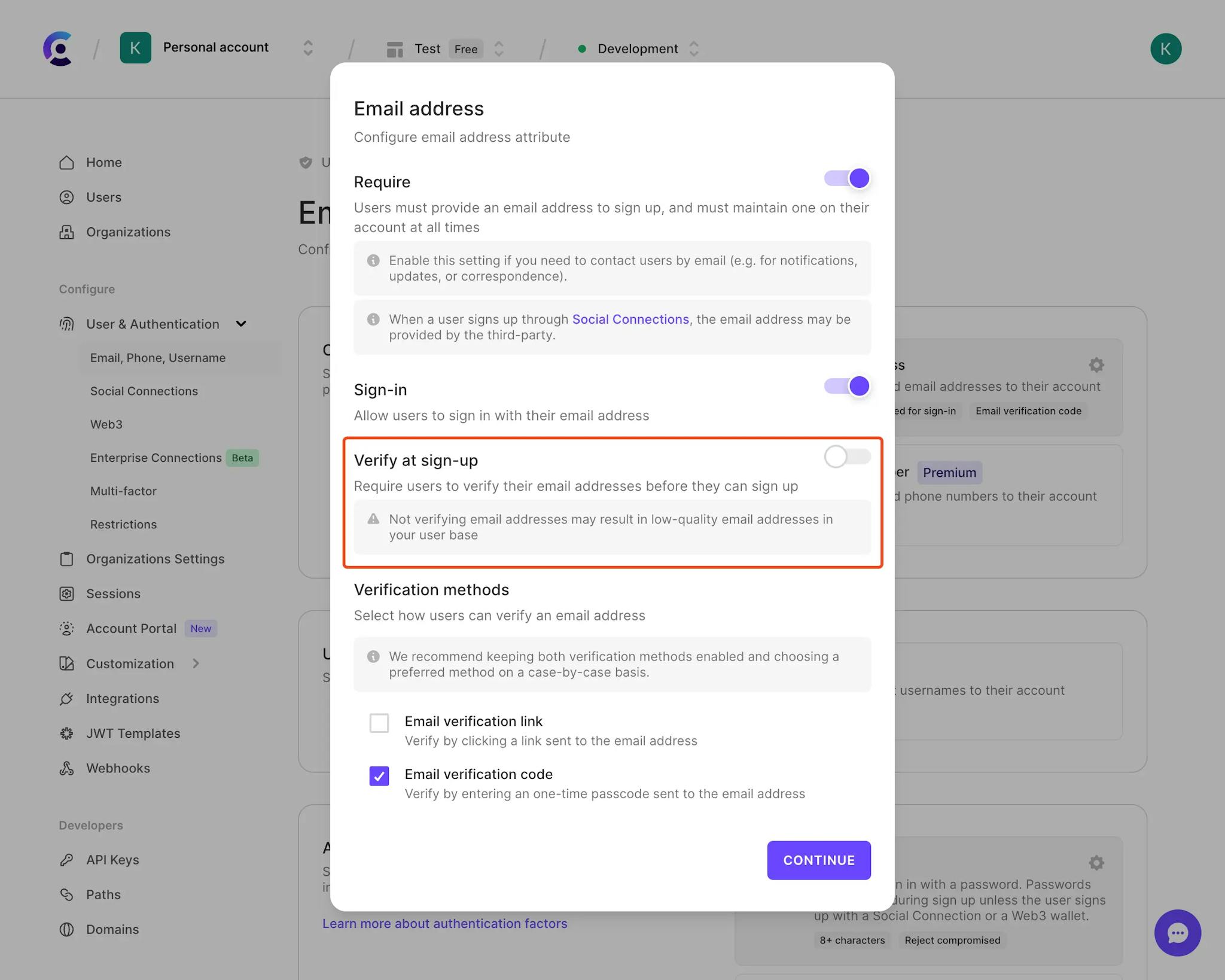 Verify at sign-up toggle in the Clerk Dashboard