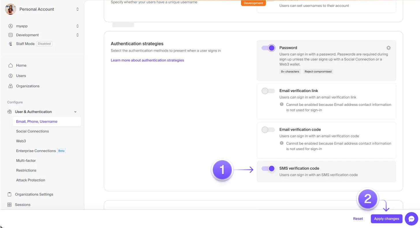 The 'Authentication strategies' section under 'Email, Phone, Username' tab with a purple arrow marked '1' pointing to the 'SMS Verifcation Code' toggle, toggled on. There is a purple arrow marked '2' pointing to the 'Apply changes' button.