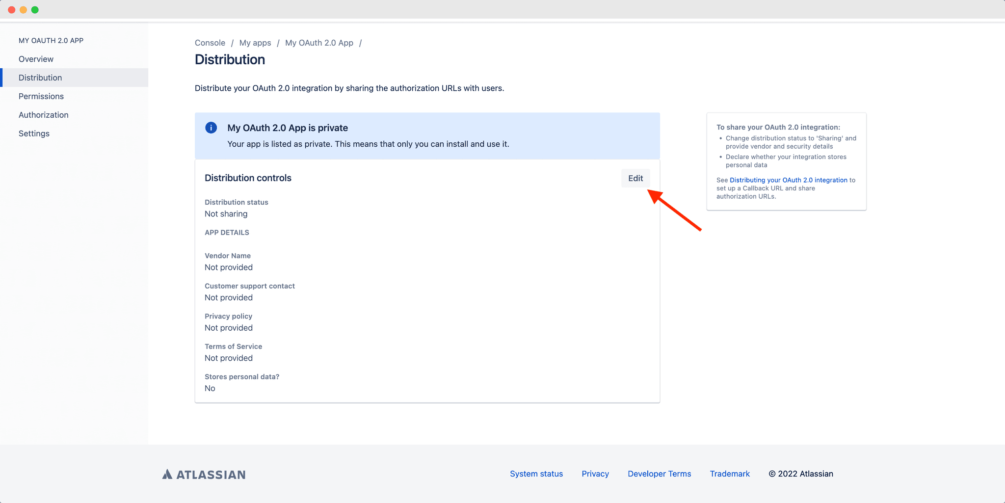 Atlassian OAuth 2.0 app distribution settings