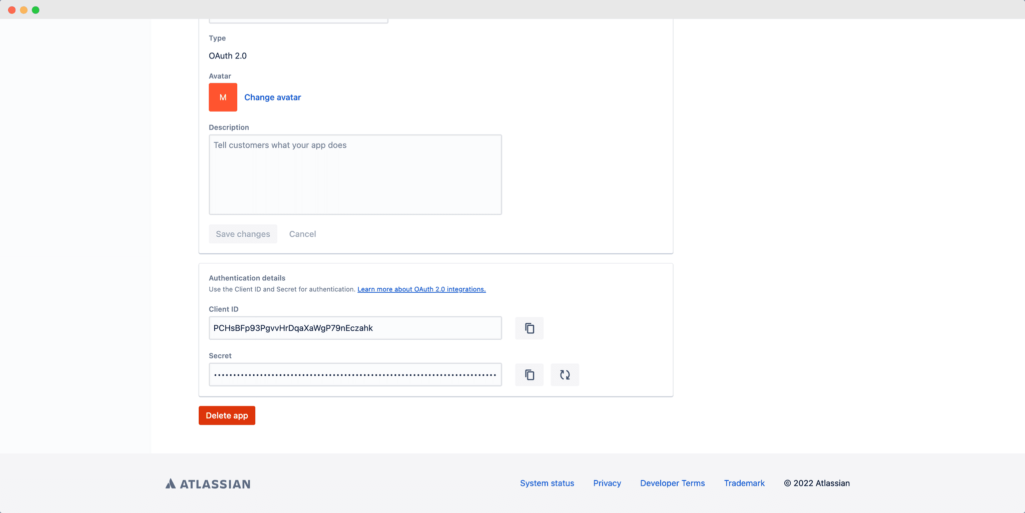 Atlassian OAuth 2.0 settings page with Client ID & Client Secret