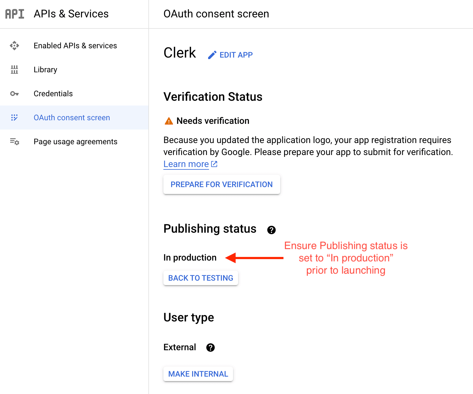 Publishing status setting within Google Cloud Platform console.