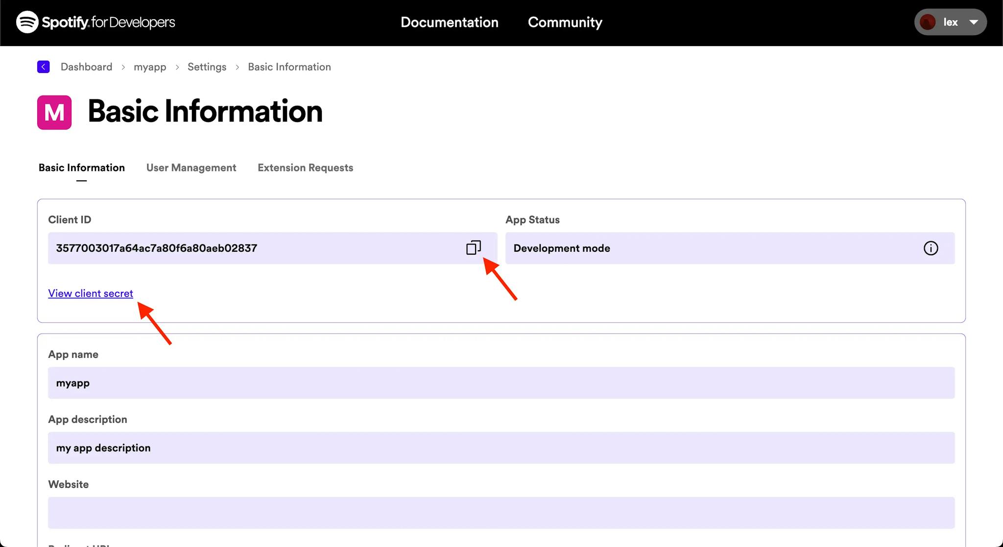 The 'Basic information' tab of the Spotify application's settings. A red arrow points to the 'Client ID' and 'Client Secret'.