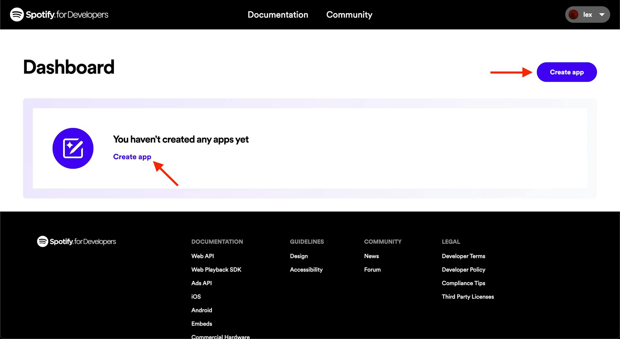 The Spotify Developer Dashboard. A red arrow points to both 'Create app' buttons.