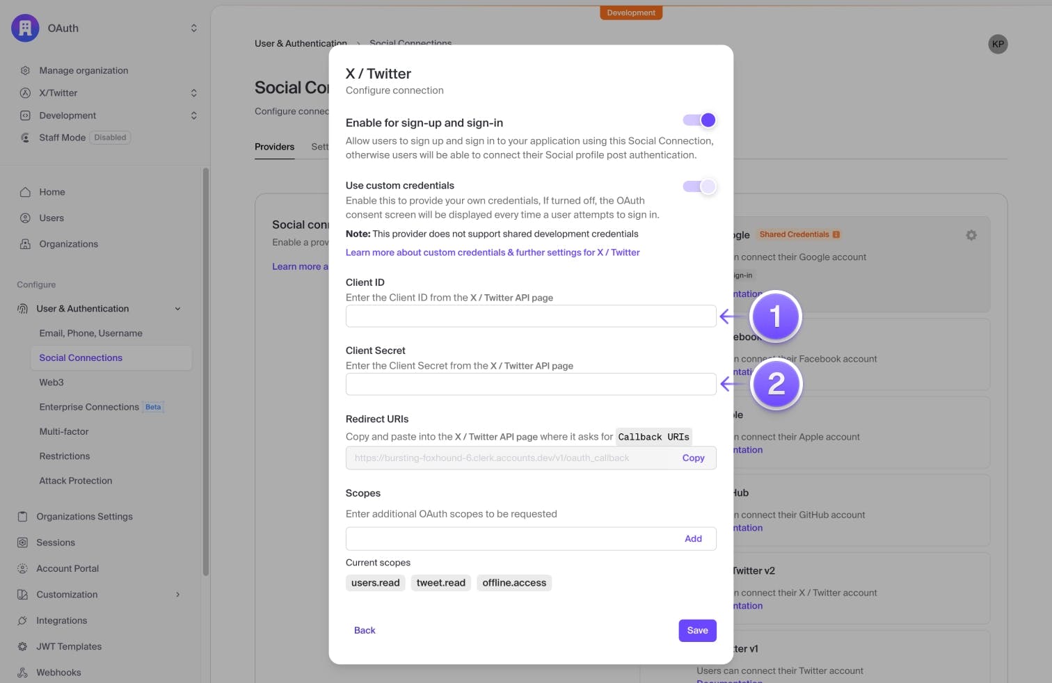 The X/Twitter settings modal in the Clerk Dashboard. An arrow marked '1' is pointing to the 'Client ID' input. An arrow marked '2' is pointing to the 'Client Secret' input.