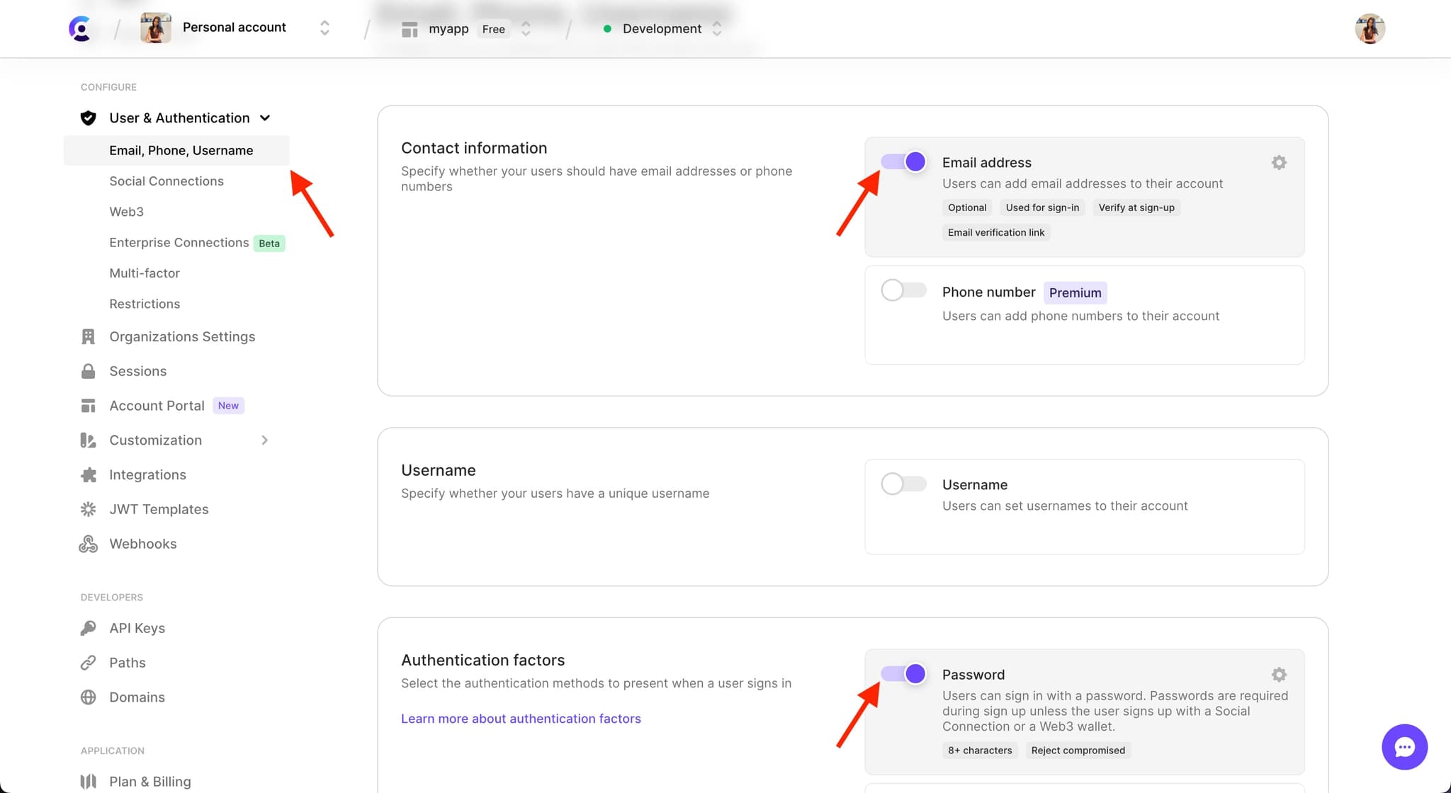 The 'Email, Phone, and Username' page in the Clerk dashboard. There is a red arrow pointing the title of the page. There are also red arrows pointing to the toggles for 'Email address' and 'Password', both toggled on.