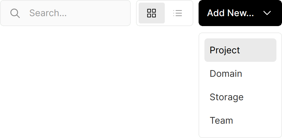 The top right corner shows an "Add New" dropdown. Press the "Project" item in the dropdown