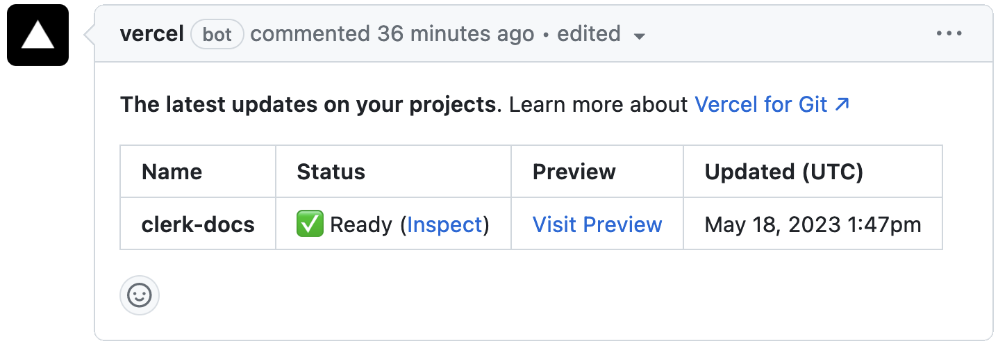 A comment on a GitHub pull request from the Vercel bot showing a preview link of your project