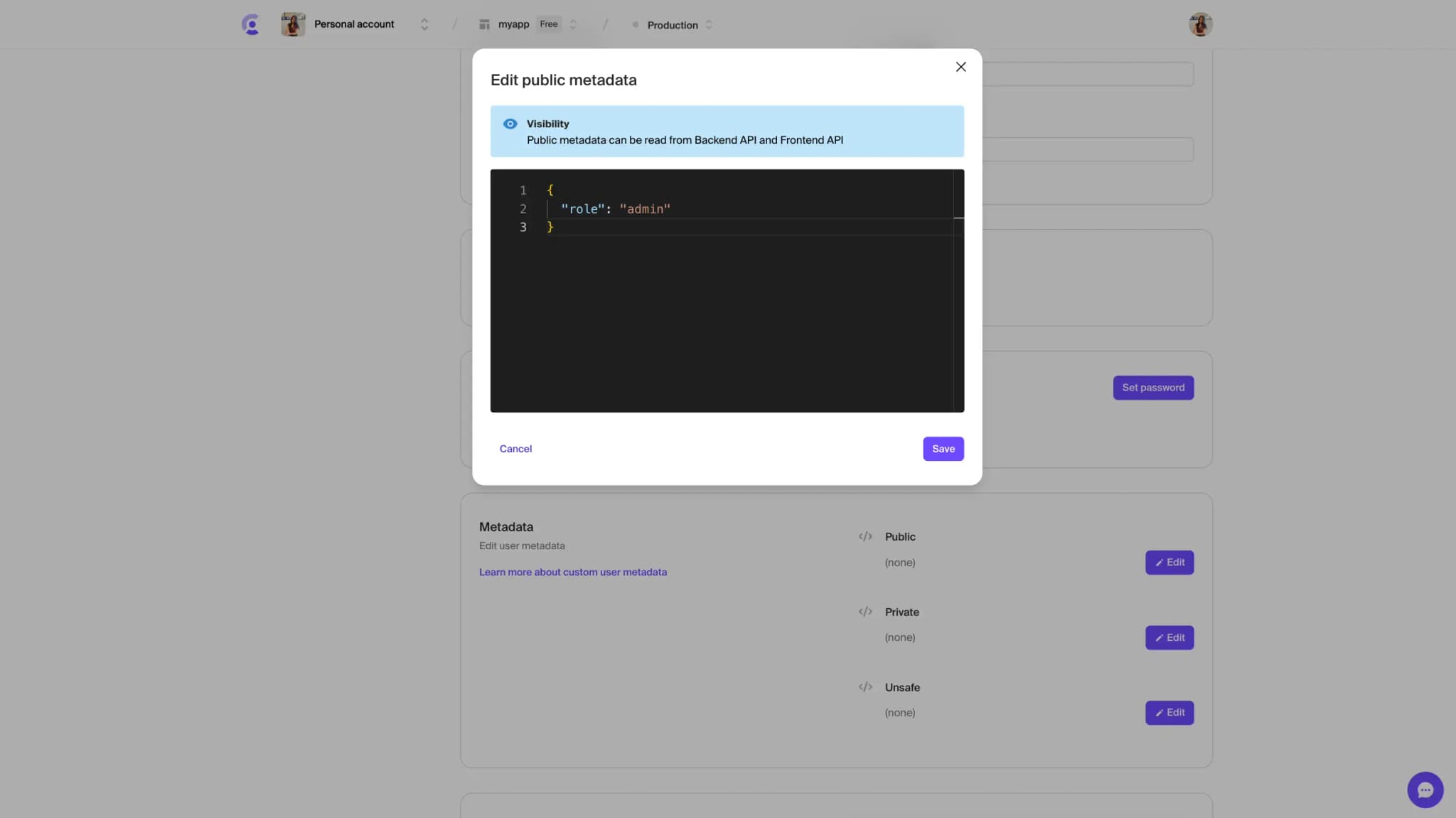 The Users page in the Clerk Dashboard with the 'Edit public metadata' modal open. The modal has a text field with the JSON 'role': 'admin'.