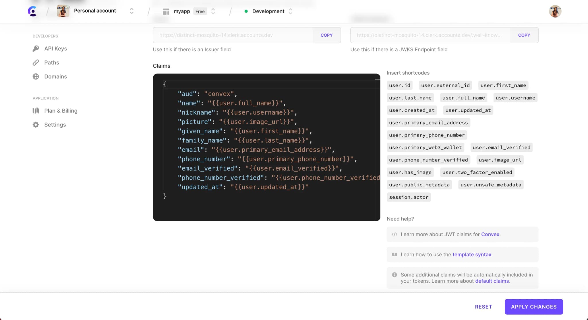 The 'Create new template' page of the JWT Templates page in the Clerk Dashboard. The page is scrolled down to the 'Claims' section.