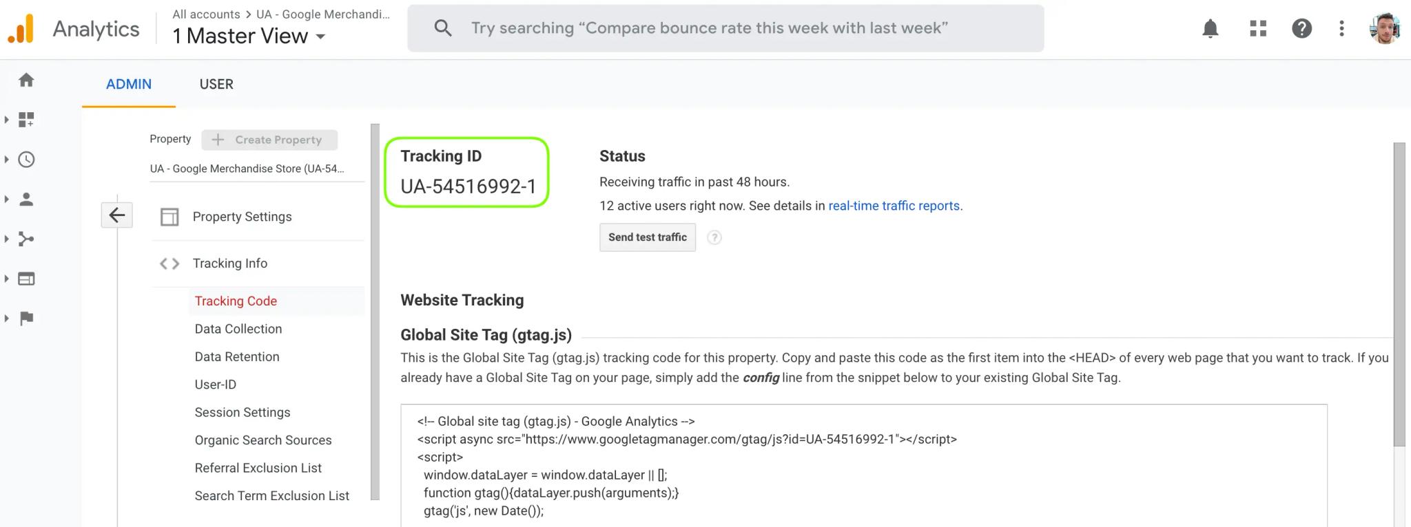 A gif showing how to access the measurement ID in the Google Analytics UI.