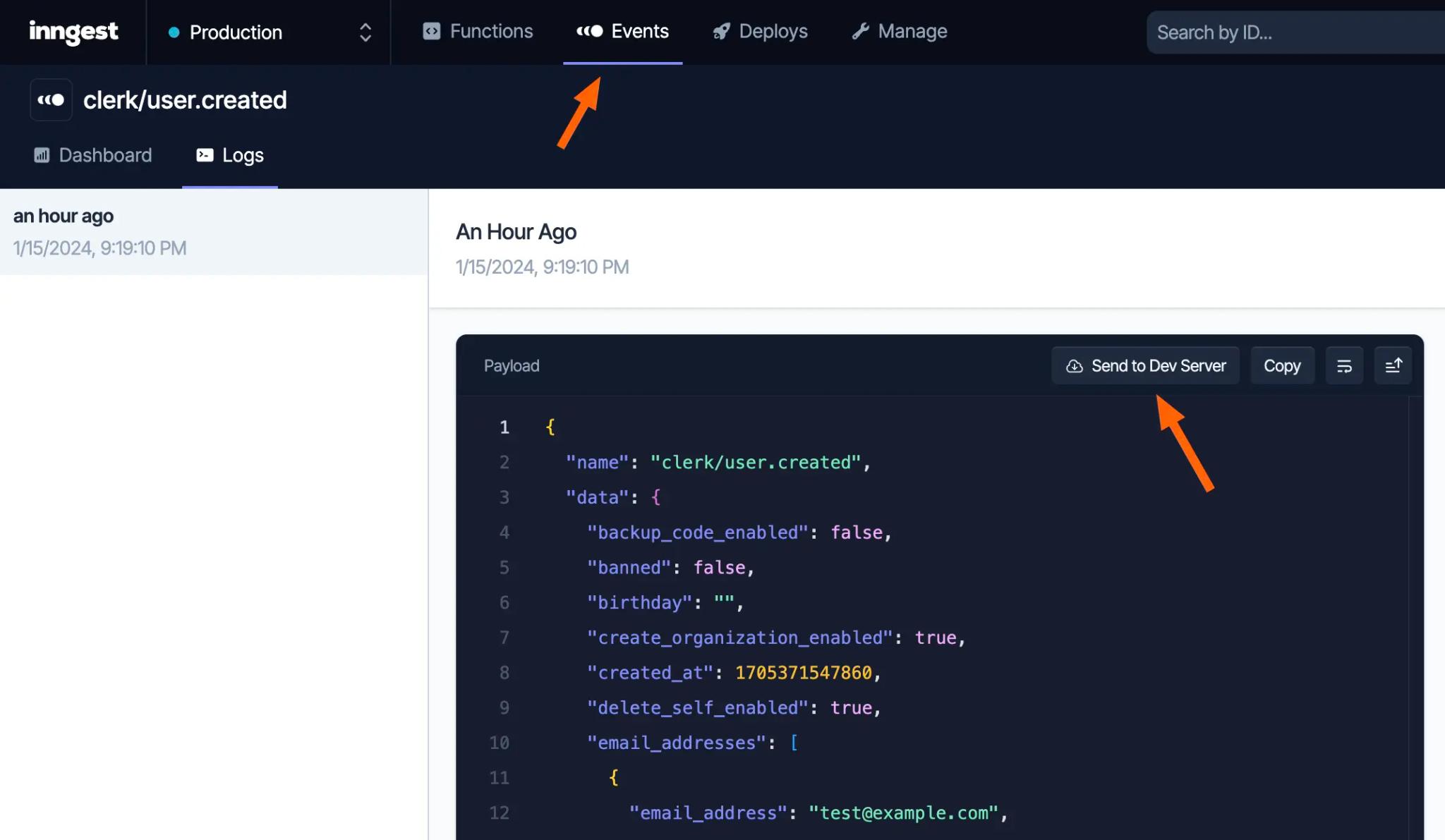 The Inngest Dashboard showing an individual event payload. Red arrows point to the Events tab and the Send to Dev Server button.